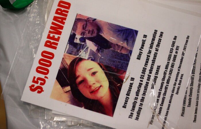 (Rick Bowmer  |  AP file photo) In this April 7, 2018, file photo, a reward poster is shown at a funeral service for Brelynne "Breezy" Otteson, 17, and boyfriend Riley Powell, 18, in Eureka, Utah. Prosecutors say an enraged man killed the teenage couple after they visited his girlfriend despite his warning her not to have male visitors. He dumped their bodies in the mine shaft, where they remained for nearly three months before being discovered in March.