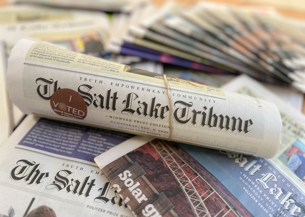 (Francisco Kjolseth  | The Salt Lake Tribune) Salt Lake Tribune newspapers are pictured on Monday, Nov. 24, 2025. 