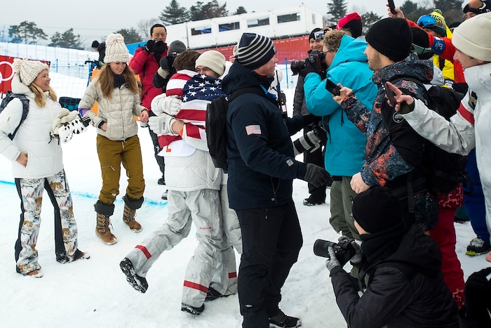 (Chris Detrick  |  The Salt Lake Tribune)  Shaun White reacts to seeing his friends and family after winning gold after his run during the men's halfpipe finals at Phoenix Snow Park during the Pyeongchang 2018 Winter Olympics Wednesday, Feb. 14, 2018.  White won the event with a 97.75, his third Olympic gold medal in the halfpipe (2006, 2010, 2018).