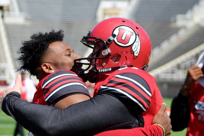 (Christopher Kamrani | The Salt Lake Tribune) Utah kicker Matt Gay is congratulated by quarterback Jason Shelley after Gay drilled a game-winning 57-yard field goal to win Utah's Red-White game Saturday afternoon at Rice-Eccles Stadium.