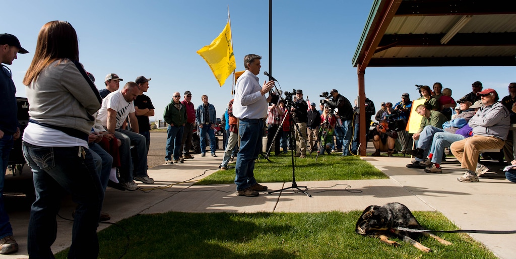 (Trent Nelson | Tribune file photo) In this 2014 file photograph, crowd listens to then-San Juan County Commissioner Phil Lyman in Blanding's Centennial Park before an ATV ride into Recapture Canyon, which was closed to motorized use by the Bureau of Land Management in 2007.