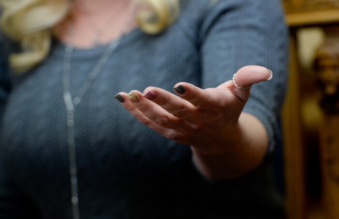 (Francisco Kjolseth | The Salt Lake Tribune) Heather Leyva, a single mother of three, describes the unwanted sexually charged messages she received from Utah trooper Sgt. Blaine Robbins. Leyva was joined by attorney Robert Sykes, as they discussed the sexual harassment lawsuit he is filing on her behalf against the trooper during a press conference at his law offices in Salt Lake City Wed. Feb. 7, 2018.