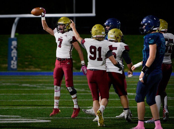 (Scott Sommerdorf   |  The Salt Lake Tribune)   Juab's Tucker Memmott celebrates coming up with a fumble during first half play. Juan Diego beat Juab 33-28, Friday, October 6, 2017. 