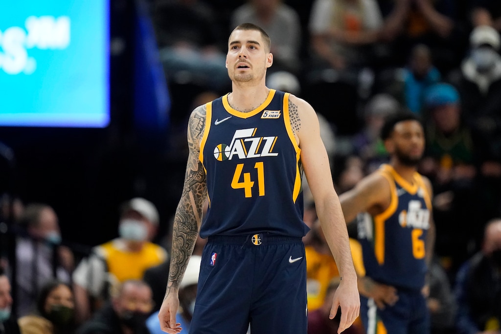 Utah Jazz forward Juancho Hernangomez (41) looks on in the second half during an NBA basketball game against the Orlando Magic Friday, Feb. 11, 2022, in Salt Lake City. (AP Photo/Rick Bowmer)