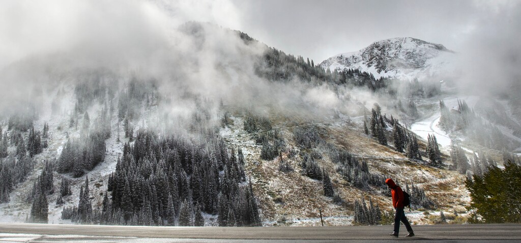 (Steve Griffin  |  The Salt Lake Tribune) A fall storm leaves a trace of snow in Little Cottonwood Canyon in Salt Lake City on Friday, Sept. 22, 2017.