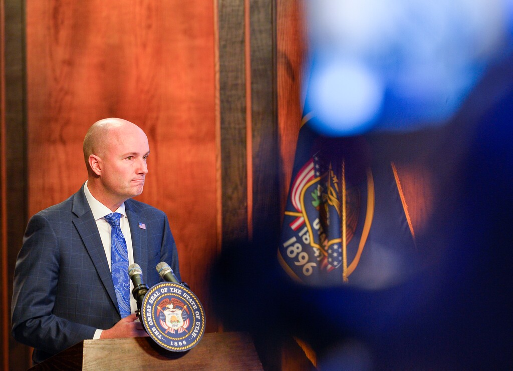 (Chris Samuels | The Salt Lake Tribune) Gov. Spencer Cox holds a monthly news conference in Salt Lake City, Thursday, Feb. 16, 2023.