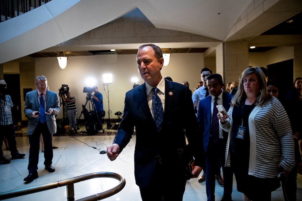 (Anna Moneymaker | The New York Times) House Intelligence Committee Chairman Adam Schiff (D-Calif.) after a closed-door intelligence briefing on Capitol Hill in Washington on Wednesday, Sept. 25, 2019. The intelligence officer who filed a whistleblower complaint about President Donald Trump’s interactions with the leader of Ukraine raised alarms not only about what the two men said in a phone call, but also about how the White House handled records of the conversation, according to two people briefed on the complaint.