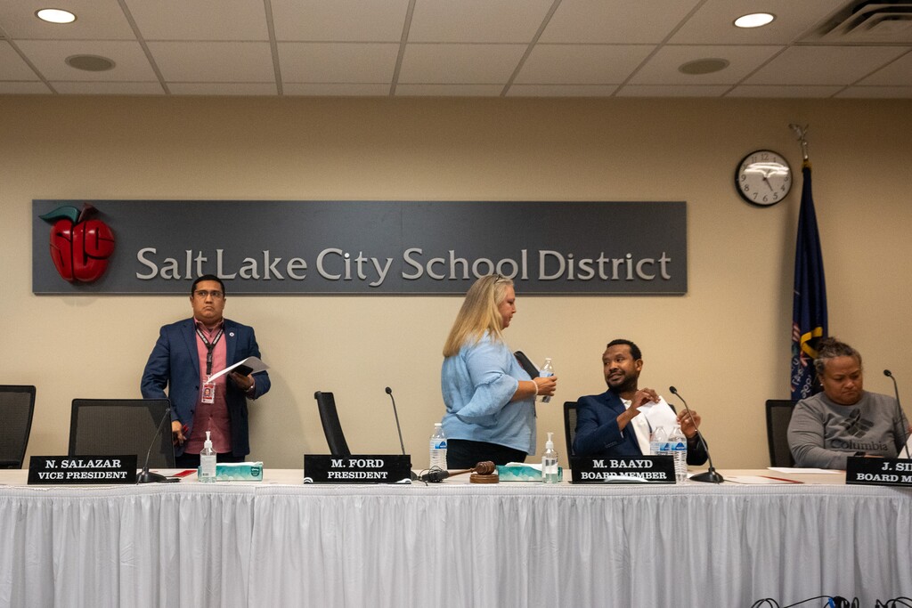 (Trent Nelson  |  The Salt Lake Tribune) The Salt Lake City School District's board is pictured on Friday, Sept. 23, 2022. The board heard a report about continuing enrollment decreases on Tuesday, Oct. 18, 2022.