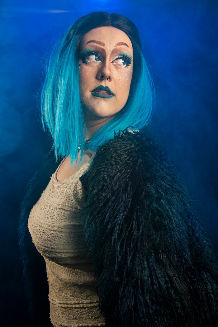 (Isaac Hale | Special to The Tribune) Mack Replogle, of Salt Lake City, who performs as Miss Fortune, poses for a portrait before a bi-weekly drag show held by the Divine Sister-Misters of Utah County at City Limits Tavern in downtown Provo on Friday, June 18, 2021.