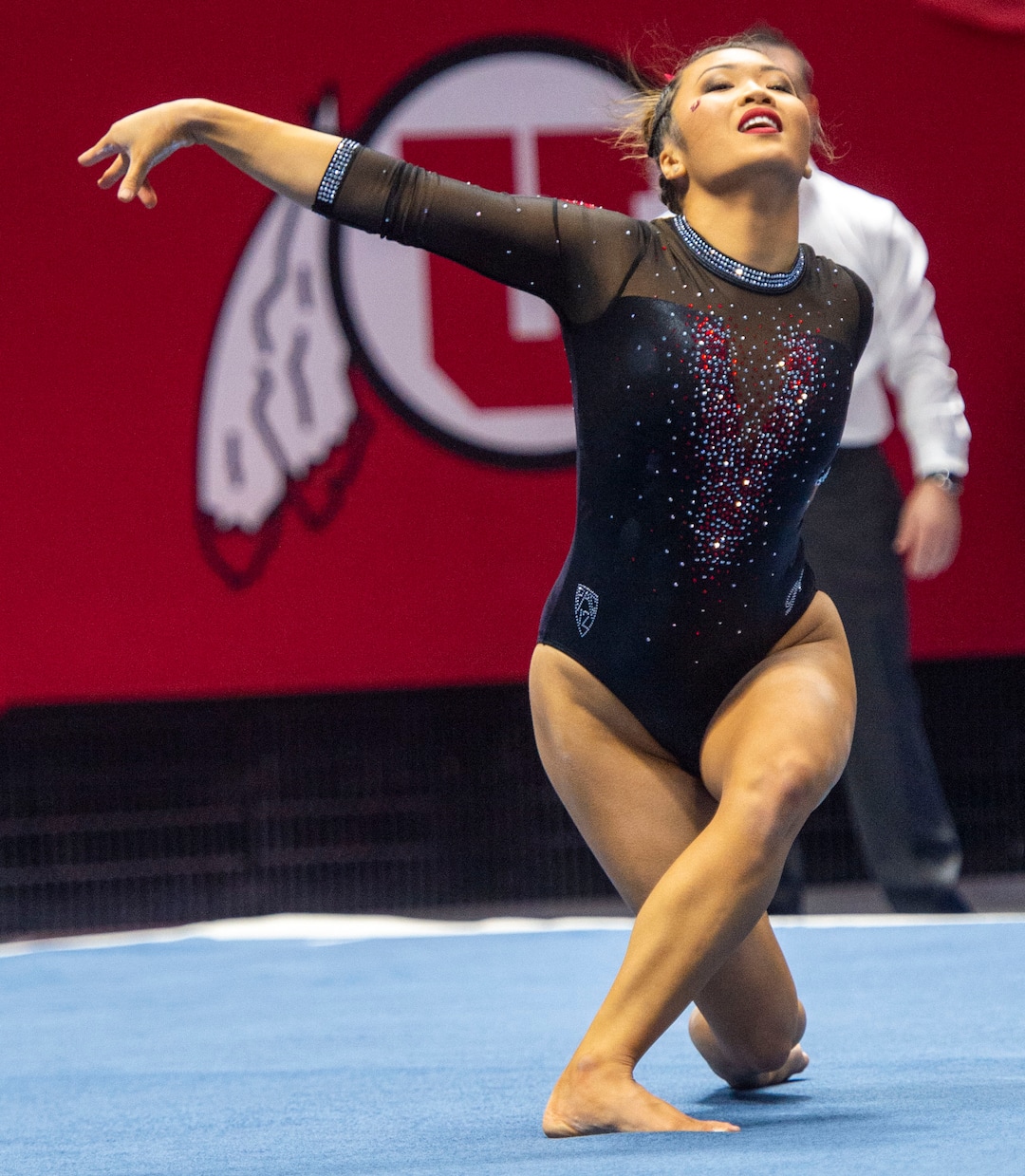 (Rick Egan  |  The Salt Lake Tribune)   Kari Lee competes on the floor for Utah, in PAC-12 gymnastics action between the UCLA Bruins and the University of Utah, at the Jon M. Huntsman Center, Saturday, Feb. 23, 2019.
