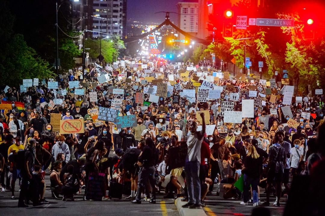 (Trent Nelson  |  The Salt Lake Tribune) Protesters fill State Street in downtown Salt Lake City marching against police brutality on Thursday, June 4, 2020.