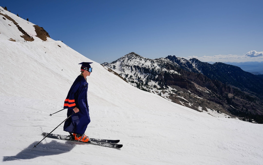 (Francisco Kjolseth  | The Salt Lake Tribune) Brighton High School graduate Andrew Quilter hits Mineral Basin as Snowbird closes the book on the 2024-25 ski season on Monday, May 26, 2025. Snow and sun revelers took to the slushy slopes on Memorial Day as the resort was the last in the state to close.