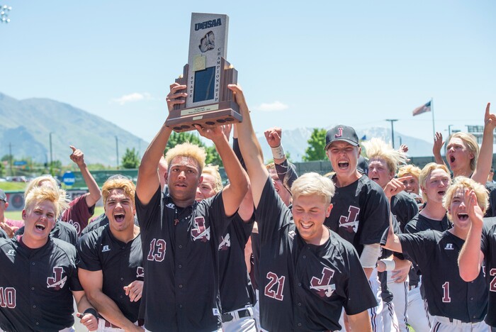 (Rick Egan  |  The Salt Lake Tribune)   Jordan High celebrates their 11-1 win over Olympus, for the 5A state baseball championship, at UVU in Orem, Friday, May 25, 2018.