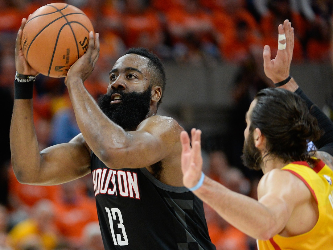 (Francisco Kjolseth  |  The Salt Lake Tribune)  Houston Rockets guard James Harden (13) shoos over Utah Jazz guard Ricky Rubio (3) in Game 3 of a first-round NBA basketball playoff series in Salt Lake City, Saturday, April 20, 2019.