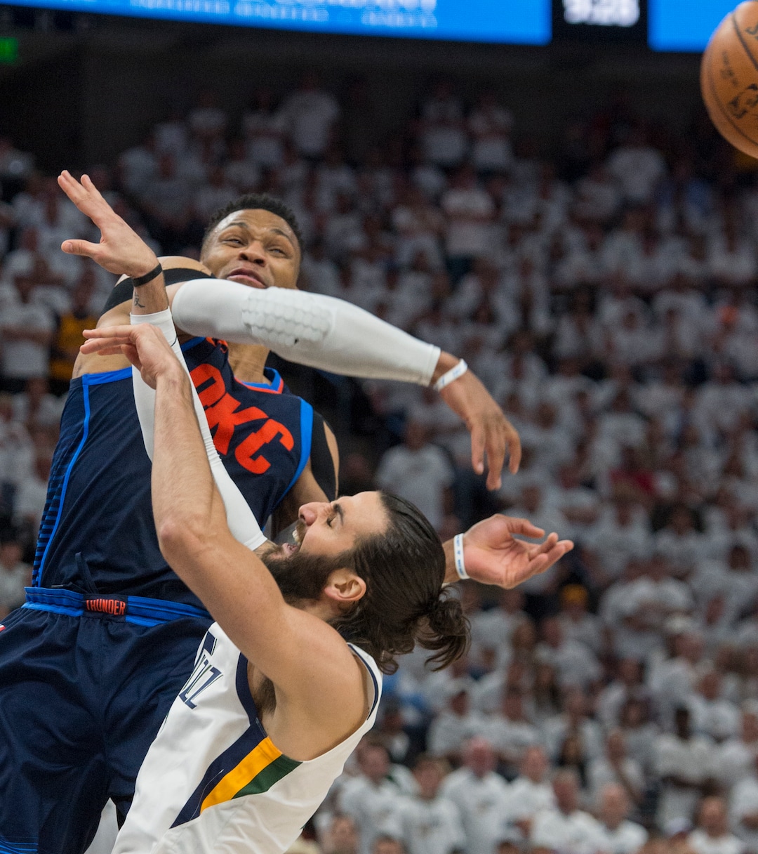 (Rick Egan  |  The Salt Lake Tribune)    Utah Jazz guard Ricky Rubio (3) is fouled by Oklahoma City Thunder guard Russell Westbrook (0), in game 4, NBA playoff action between Utah Jazz and Oklahoma City Thunder, in Salt Lake City, Monday April 23, 2018.