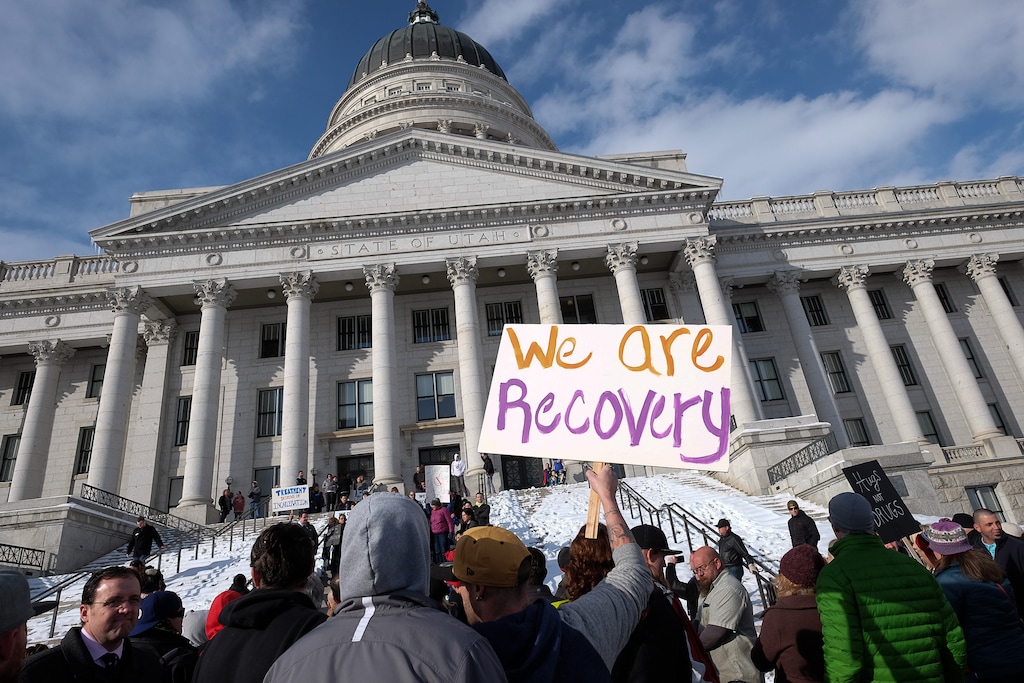 (Francisco Kjolseth | The Salt Lake Tribune) Hundreds gather at the Utah Capitol to rally for mental illness and addiction recovery while working to increase access to healthcare, mental health, affordable housing and treatment and recovery support on Tuesday, Feb. 20, 2018.