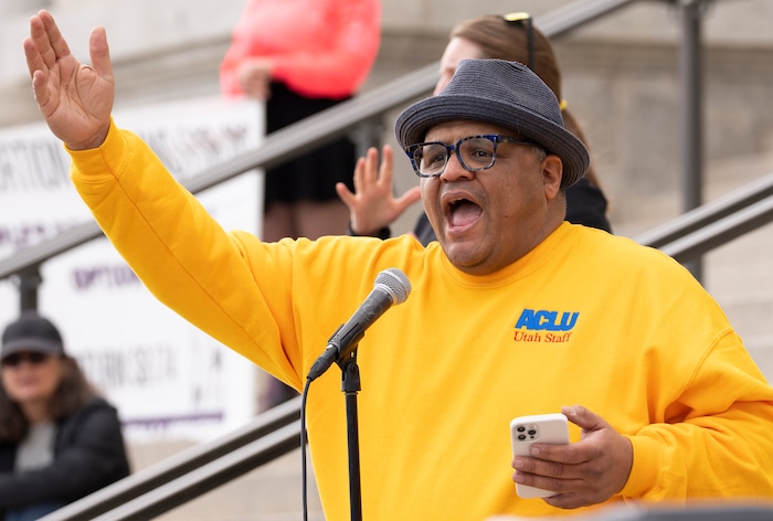 (Rick Egan | The Salt Lake Tribune) Billy Palmer leads the crowd in some chants during at a rally, as more than one thousand protesters gather at the steps of The Capitol for the Bans Off Our Bodies protest hosted by Planned Parenthood, on Tuesday, May 3, 2022.
