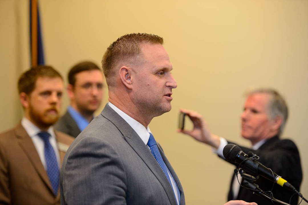 (Trent Nelson | The Salt Lake Tribune)  DJ Schanz, Utah Patients Coalition, speaks at a press conference in Salt Lake City on Wednesday March 6, 2019.