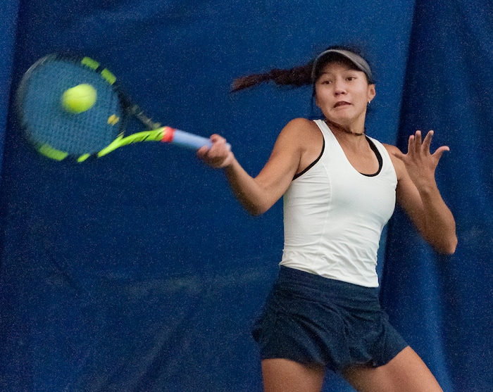 Michael Mangum  |  Special to the TribuneRidgeline High School's Naya Tillit hits a forehand shot during the Utah high school state tennis finals at the Salt Lake Tennis & Health Club in Salt Lake City on Saturday, September 30, 2017. Tillit defeated Park City's Livi Rockwood for the 4A 1st singles state championship.