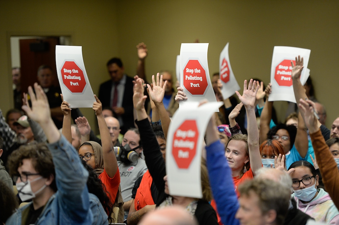 (Francisco Kjolseth  |  The Salt Lake Tribune)  People raise their hands in opposition to plans for an inland port in the Salt Lake Valley as the Utah Inland Port Authority meets for the first time since its June meeting was disrupted by protestors at the Utah Capitol on Thursday, Oct. 17, 2019.
