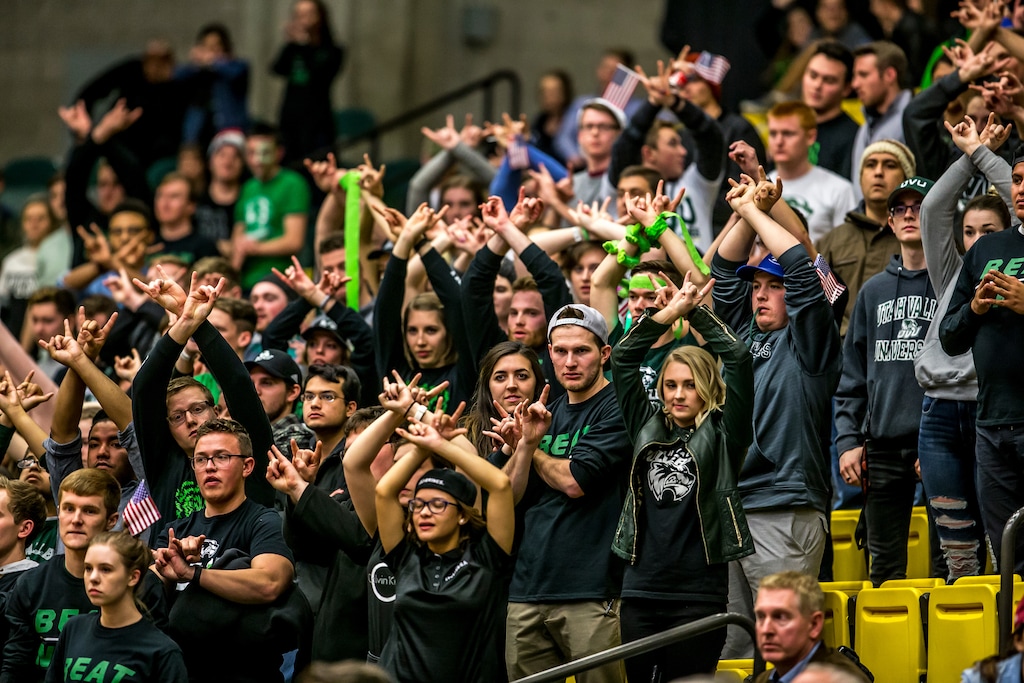 (Jay Drowns / Utah Valley University)  UVU students observe their free-throw ritual during a basketball victory over New Mexico State.