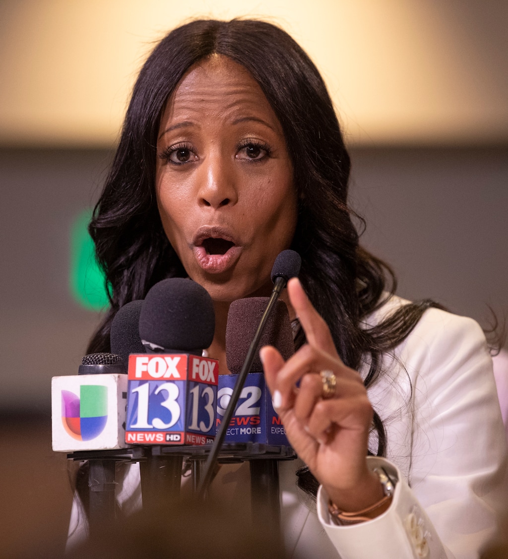 Rep. Mia Love answers a question as she and Salt Lake County Mayor Ben McAdams take part in a debate at the Gail Miller Conference Center at Salt Lake Community College in Sandy, Monday, Oct. 15, 2018. The two are battling for Utah's 4th Congressional District seat.
