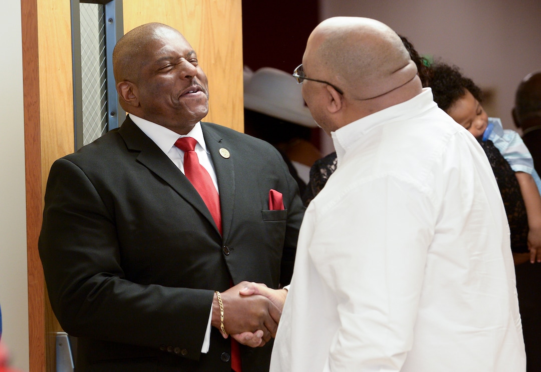 (Leah Hogsten  |  The Salt Lake Tribune) Calvary Baptist Church deacons and members greet each other prior to the worship service to honor Rev. France A. Davis, who celebrated his 44th anniversary as pastor with visiting pastors, ministers, family and members of his congregation, Sunday, April 22, 2018. 