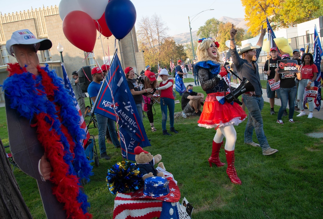 (Francisco Kjolseth  |  The Salt Lake Tribune) Lady MAGA joins supporters of President Donald Trump rally outside of Kingsbury Hall on the University of Utah campus in Salt Lake City on Wednesday, Oct. 7, 2020, before the vice presidential debate.
