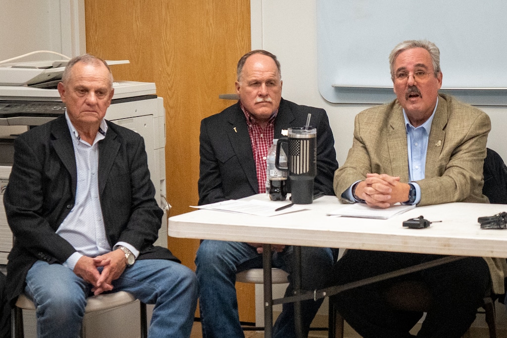  (Rick Egan | The Salt Lake Tribune) Box Elder County Commissioners Boyd Bingham, left, Tyler Vincent, center, and Lee Perry, right, voted to approve the controversial Stratos project.