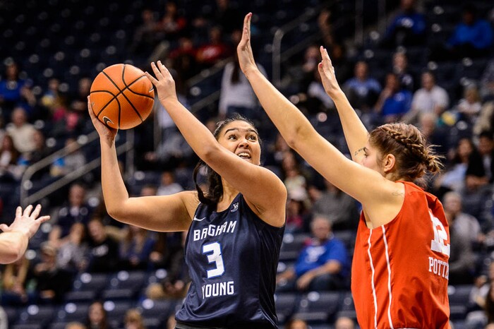 (Trent Nelson | The Salt Lake Tribune)  Brigham Young Cougars forward Shalae Salmon (3) shoots over Utah Utes forward Emily Potter (12) as BYU hosts Utah, NCAA women's basketball in Provo, Saturday December 9, 2017.