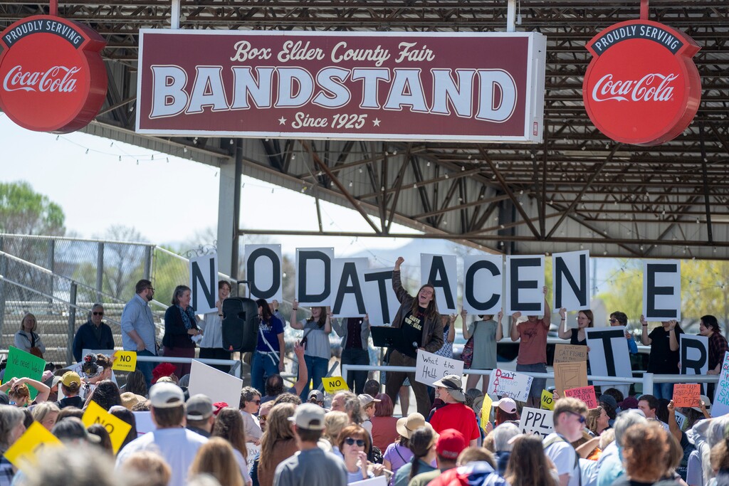(Rick Egan | The Salt Lake Tribune) Protesters demonstrate before a Box Elder County Commission meeting in Tremonton on Tuesday, May 4, 2026.