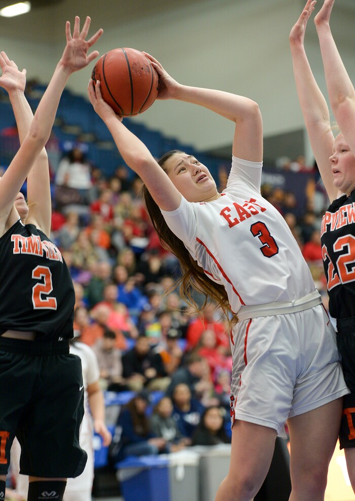 (Leah Hogsten  |  The Salt Lake Tribune)  East faces Timpview in the championship game of the 5A High School Girls' Basketball Tournament at SLCC in Taylorsville, Saturday, Feb. 24, 2018.