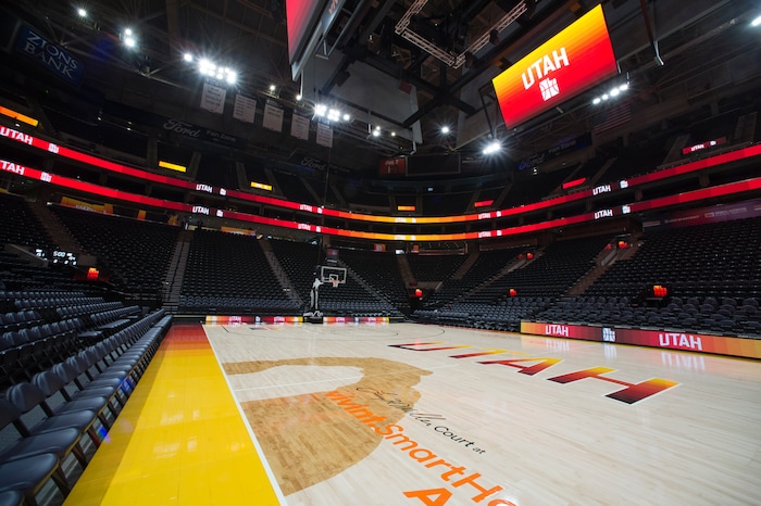 (Rick Egan  |  The Salt Lake Tribune)    The Utah Jazz will play on their new City edition court with their City Edition Uniforms, Tuesday night. Monday, January 29, 2018.