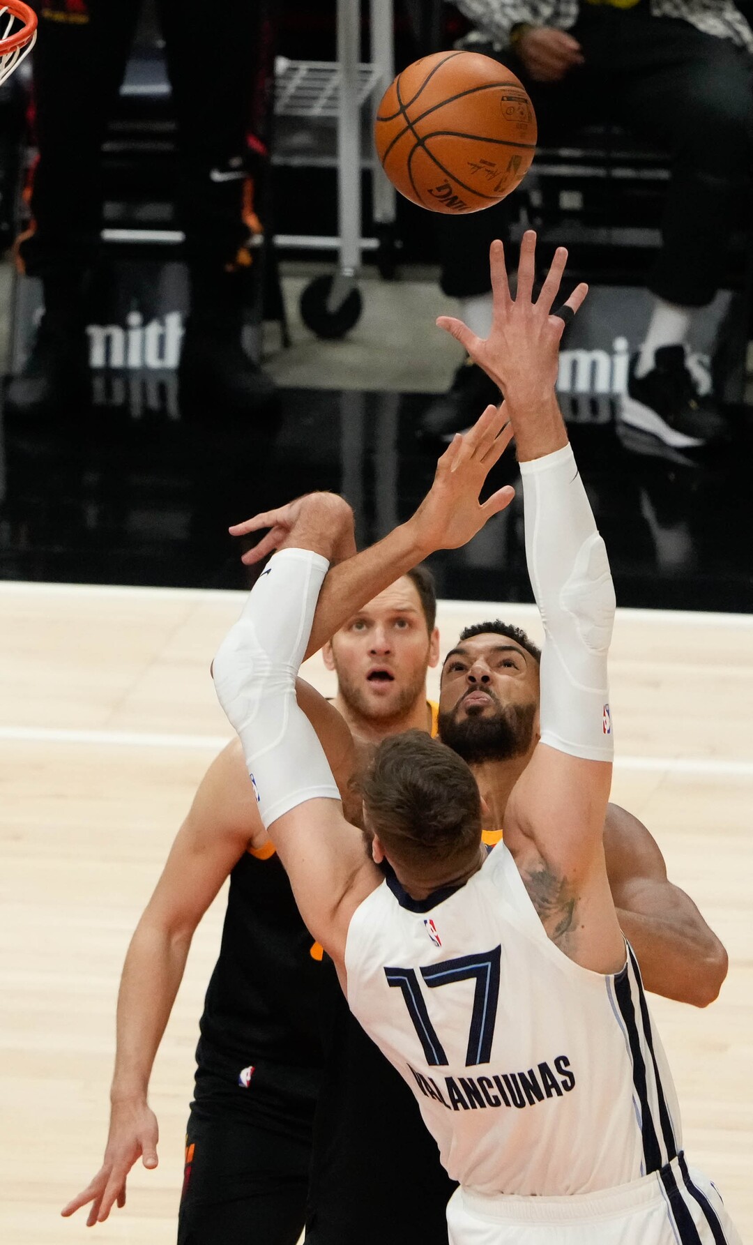 (Francisco Kjolseth | The Salt Lake Tribune) Utah Jazz center Rudy Gobert (27) defends Memphis Grizzlies center Jonas Valanciunas (17) in the first half of Game 5 of an NBA basketball first-round playoff series Wednesday, June 2, 2021, in Salt Lake City, UT.