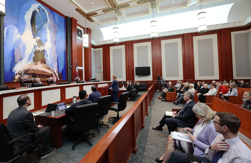 (Jeffrey D. Allred | Pool) Attorney Taylor Meehan speaks to the court as Mormon Women for Ethical Government and the League of Women Voters oppose the Utah State Legislature during oral arguments at the Utah Supreme Court in Salt Lake City on Wednesday, Sept. 25, 2024.
