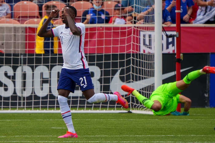 (Trent Nelson  |  The Salt Lake Tribune) United States forward Tim Weah reacts to a near miss as the U.S. Men’s National Team (USMNT) faces Costa Rica in a friendly at Rio Tinto Stadium in Sandy on Wednesday, June 9, 2021.