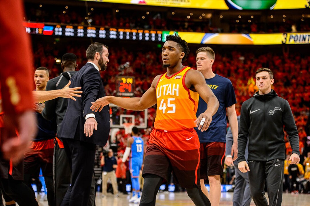 (Trent Nelson | The Salt Lake Tribune)  Utah Jazz host the Oklahoma City Thunder, Game 3, NBA playoff basketball in Salt Lake City, Saturday April 21, 2018. Utah Jazz guard Donovan Mitchell (45).