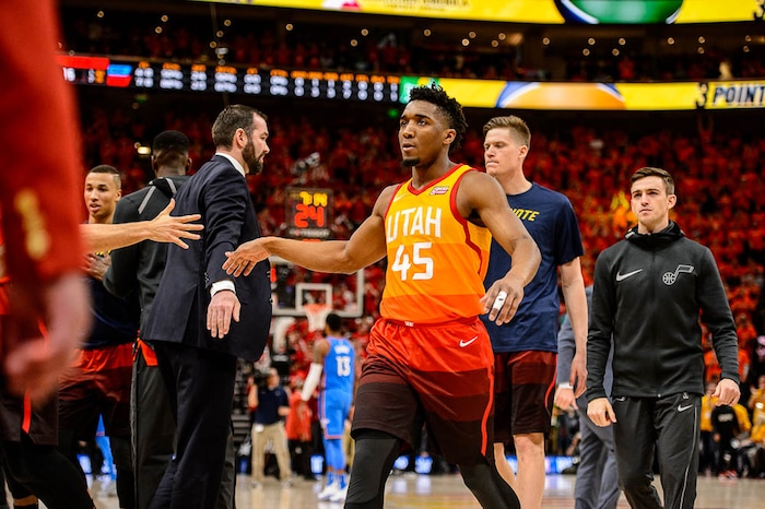 (Trent Nelson | The Salt Lake Tribune)  
Utah Jazz host the Oklahoma City Thunder, Game 3, NBA playoff basketball in Salt Lake City, Saturday April 21, 2018. Utah Jazz guard Donovan Mitchell (45).