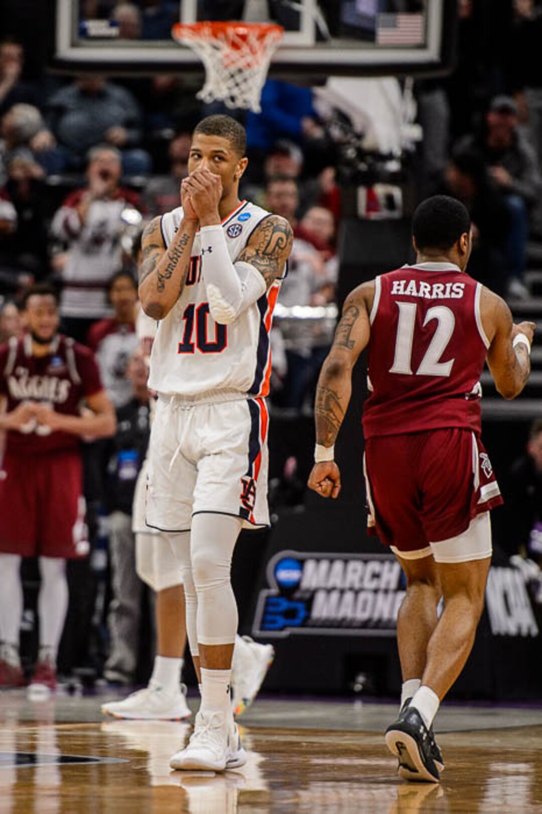 (Trent Nelson | The Salt Lake Tribune)  Auburn Tigers guard Samir Doughty (10) reacts to a foul called with 1.7 seconds left, as Auburn faces New Mexico State in the 2019 NCAA Tournament in Salt Lake City on Thursday March 21, 2019.