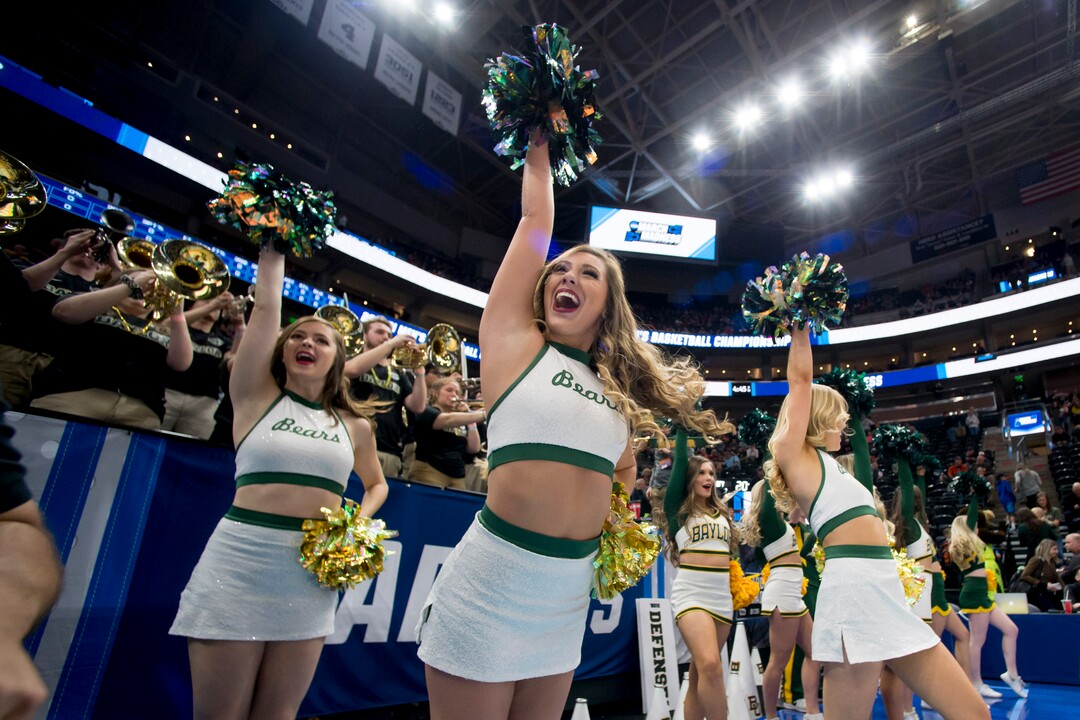 (Leah Hogsten  | The Salt Lake Tribune) Baylor cheerleaders work the crowd before their team takes on Gonzaga in the second round f the NCAA tournament in Salt Lake City on Saturday, March 23, 2019.