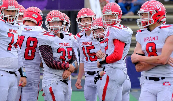 (Leah Hogsten  |  The Salt Lake Tribune) Grand County waits for the call. South Summit High School boys' football team leads Grand County High School 34-3 during their class 2A state semifinal football game Saturday, November 4, 2017 at Weber State University's Stewart Stadium.