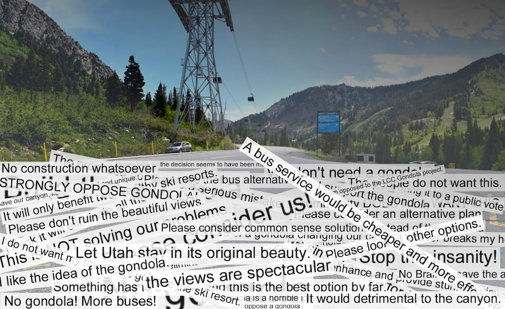 (Utah Department of Transportation; illustration by Chris Samuels | The Salt Lake Tribune) A collection of public comments about a proposed gondola in Little Cottonwood Canyon are gathered in front of a rendering of the proposed project.