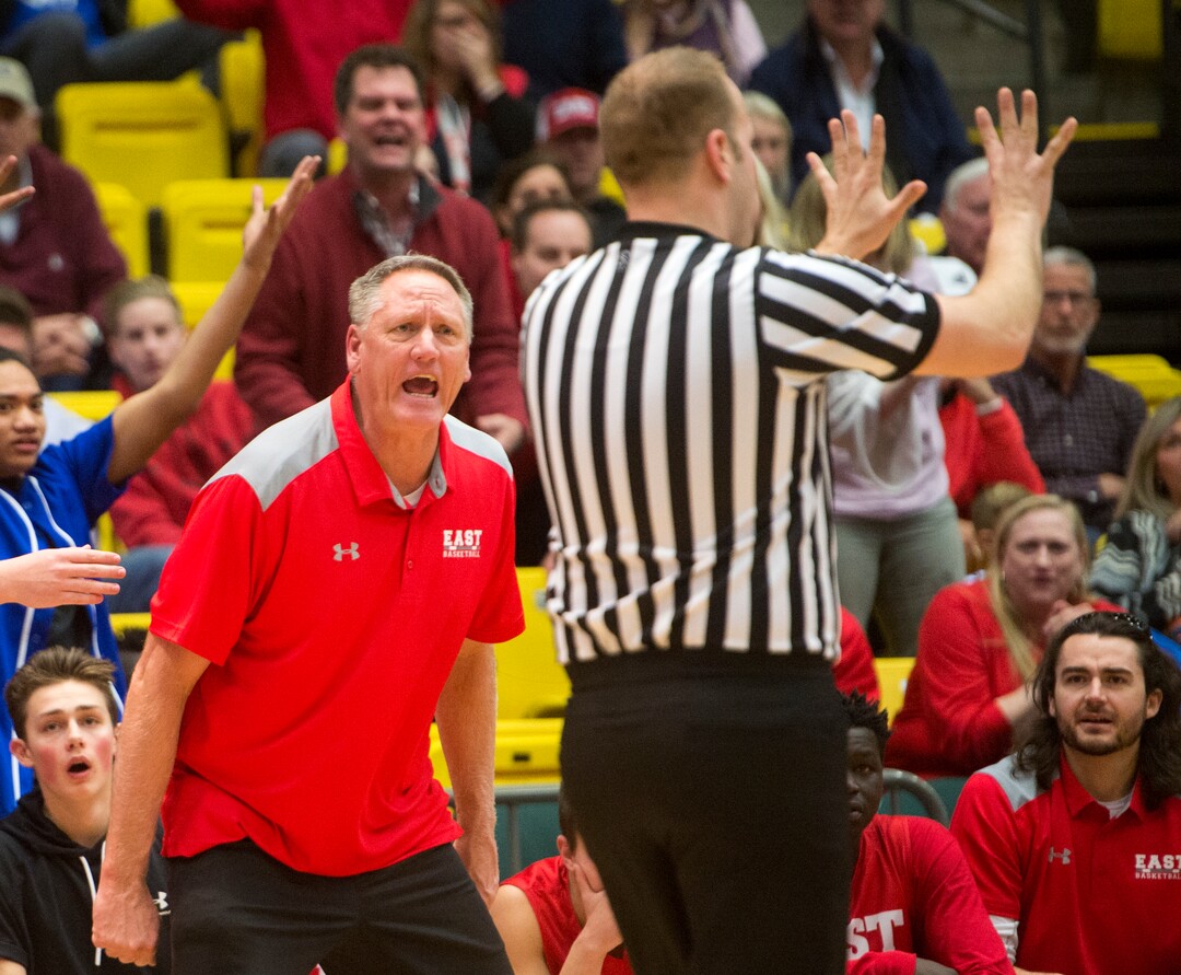 (Rick Egan  |  The Salt Lake Tribune)  East High Basketball Coach Mitch Smith reacts to a call by the official, in 5A basketball playoff action between the East Leopards and the Jordan Beatdiggers at the UCCU Center in Orem, Monday, Feb. 26, 2018.