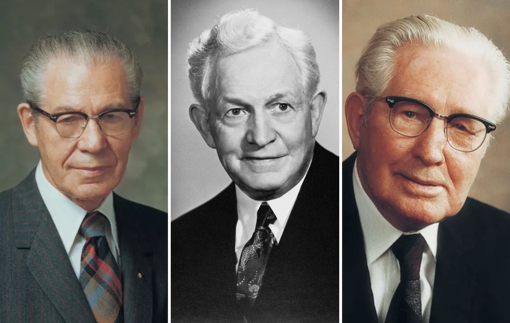 (The Church of Jesus Christ of Latter-day Saints) Apostle Hugh B. Brown, right, served in the First Presidency with N. Eldon Tanner, left, and church President David O. McKay.