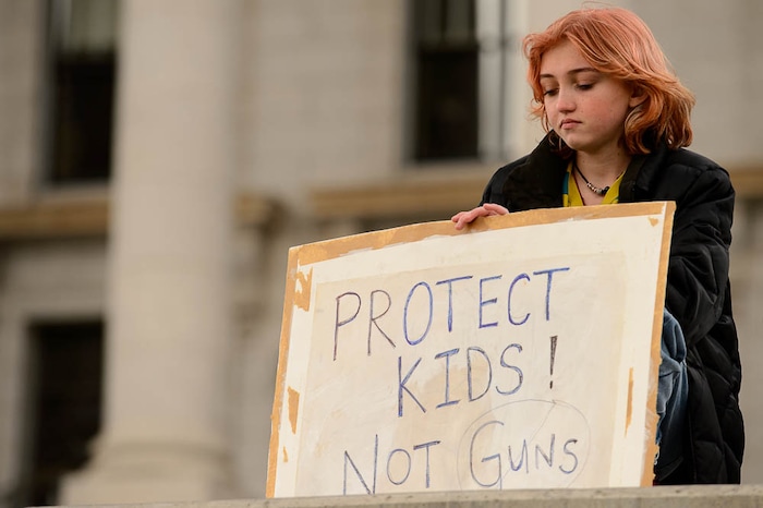 (Trent Nelson | The Salt Lake Tribune)  
High school students gathered at the Utah State Capitol in Salt Lake City to mark the anniversary of the Columbine High School massacre and call for action against gun violence, Friday April 20, 2018. Sammie Smith, a student at Skyline High School.
