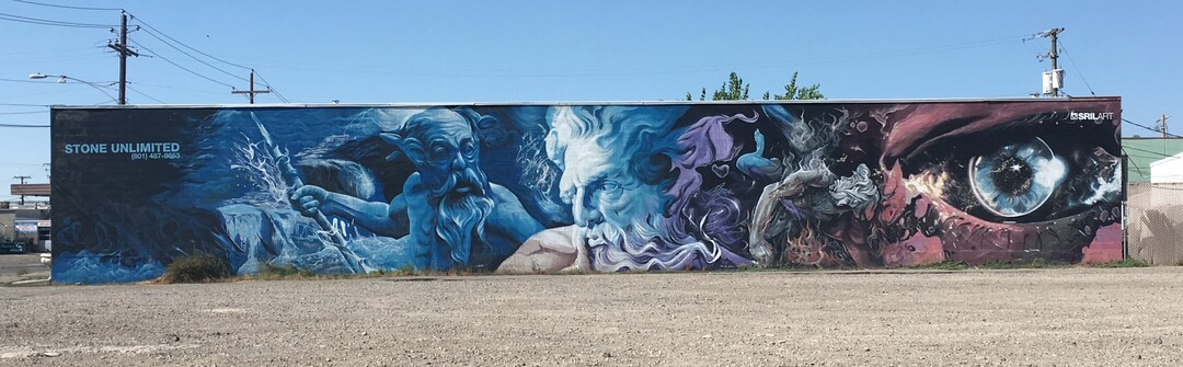 (Sean P. Means  |  The Salt Lake Tribune) Shae Petersen's 100-foot-long mural "Zeus" is featured on the side of the Stone Unlimited building, 3267 S. 300 West, South Salt Lake City.
