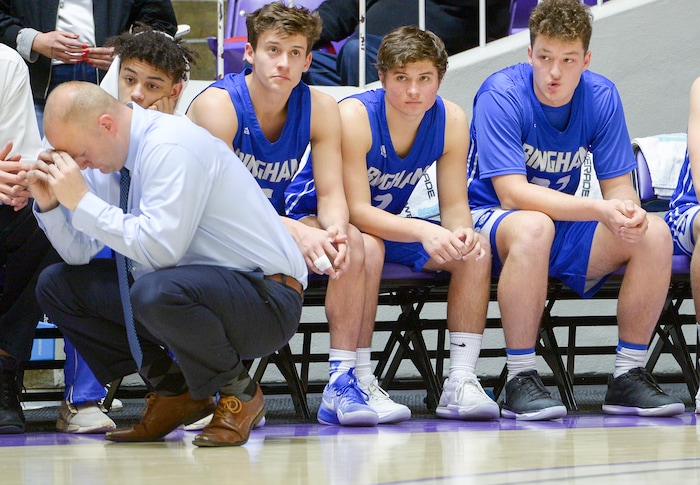(Leah Hogsten  |  The Salt Lake Tribune) Bingham reacts to the loss. Copper Hills defeated Bingham 61-54 in the 6A High School Boys' Basketball Tournament opening game at Weber State University’s Dee Events Center in Ogden, Tuesday, Feb. 27, 2018. 