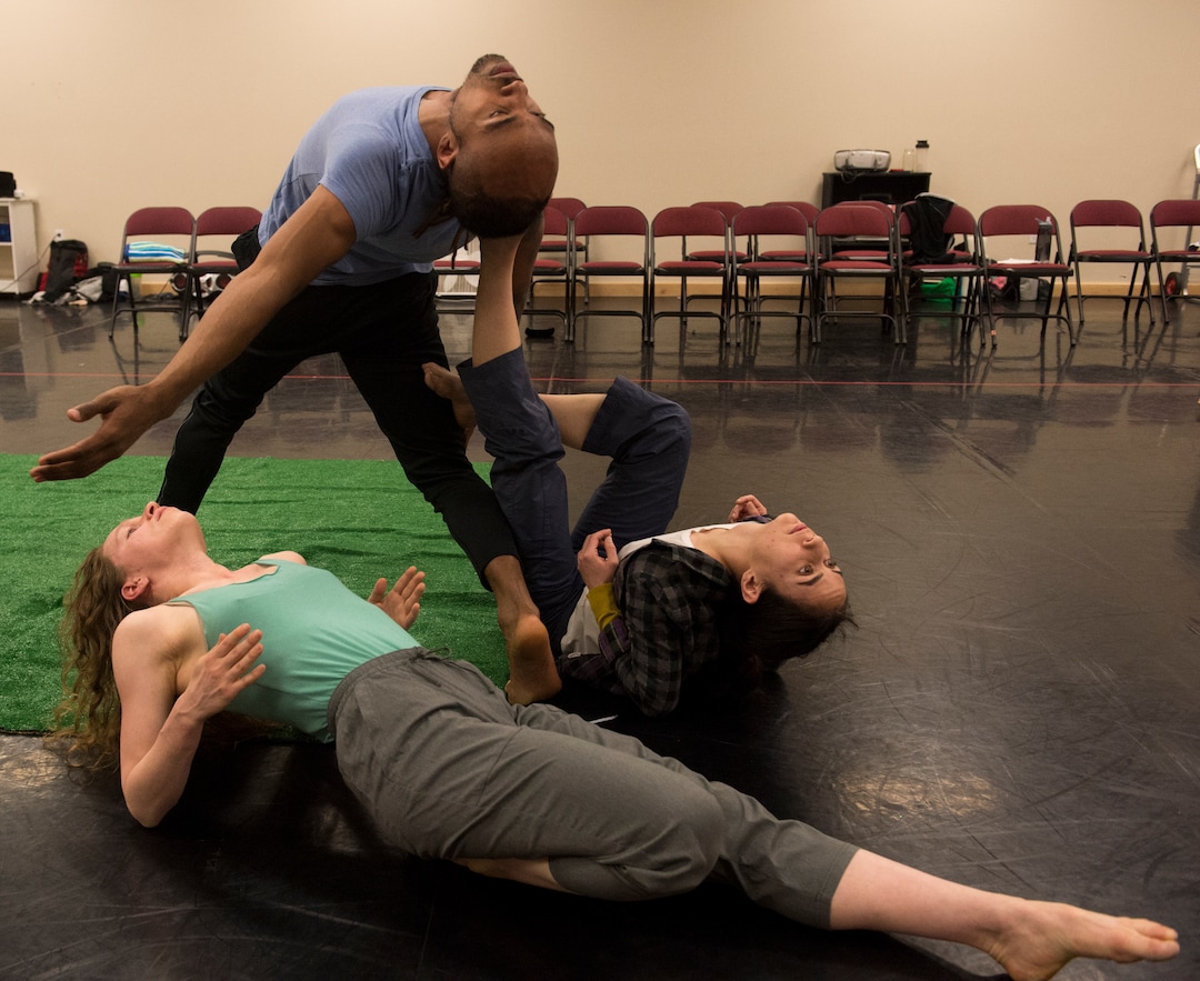(Rick Egan  |  The Salt Lake Tribune)     Ririe-Woodbury dancers Bashaun Williams, Mary Lyn Graves and Melissa Younker rehearse for their show next week, and for their upcoming international tour to South Korea and Mongolia. Wednesday, April 18, 2018.
