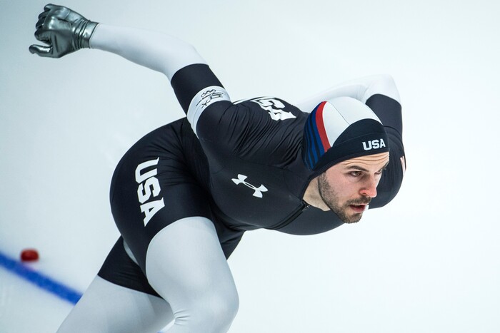(Chris Detrick  |  The Salt Lake Tribune)  Mitchell Whitmore of the United States competes in the Men's 1,000m at Gangneung Oval during the Pyeongchang 2018 Winter Olympics Friday, Feb. 23, 2018. Whitmore in 10th place with a time of 1:09.17. 
