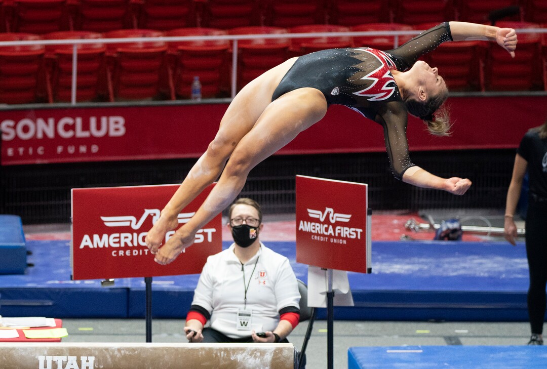 (Rick Egan | The Salt Lake Tribune)  Maile O'Keefe scores a 10 on the Beam, in PAC-12 gymnastics action between The University of Washington and The University of Utah at Jon M. Huntsman Center in Salt Lake City, on Saturday, Jan. 30, 2021.